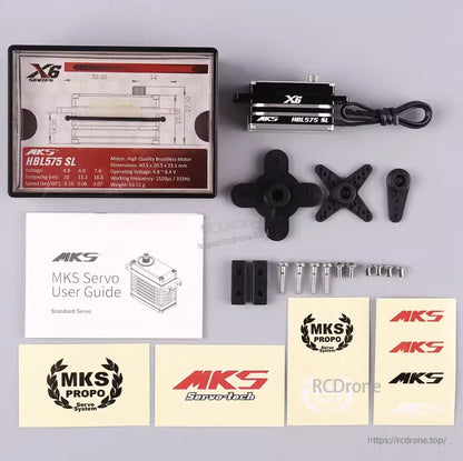 MKS X6 HBL575SL brushless servo features titanium gears, low profile, and specs: 40.5x20.5x23.1mm, 53.51g, 4.8–8.4V, 1520μs/333Hz.
