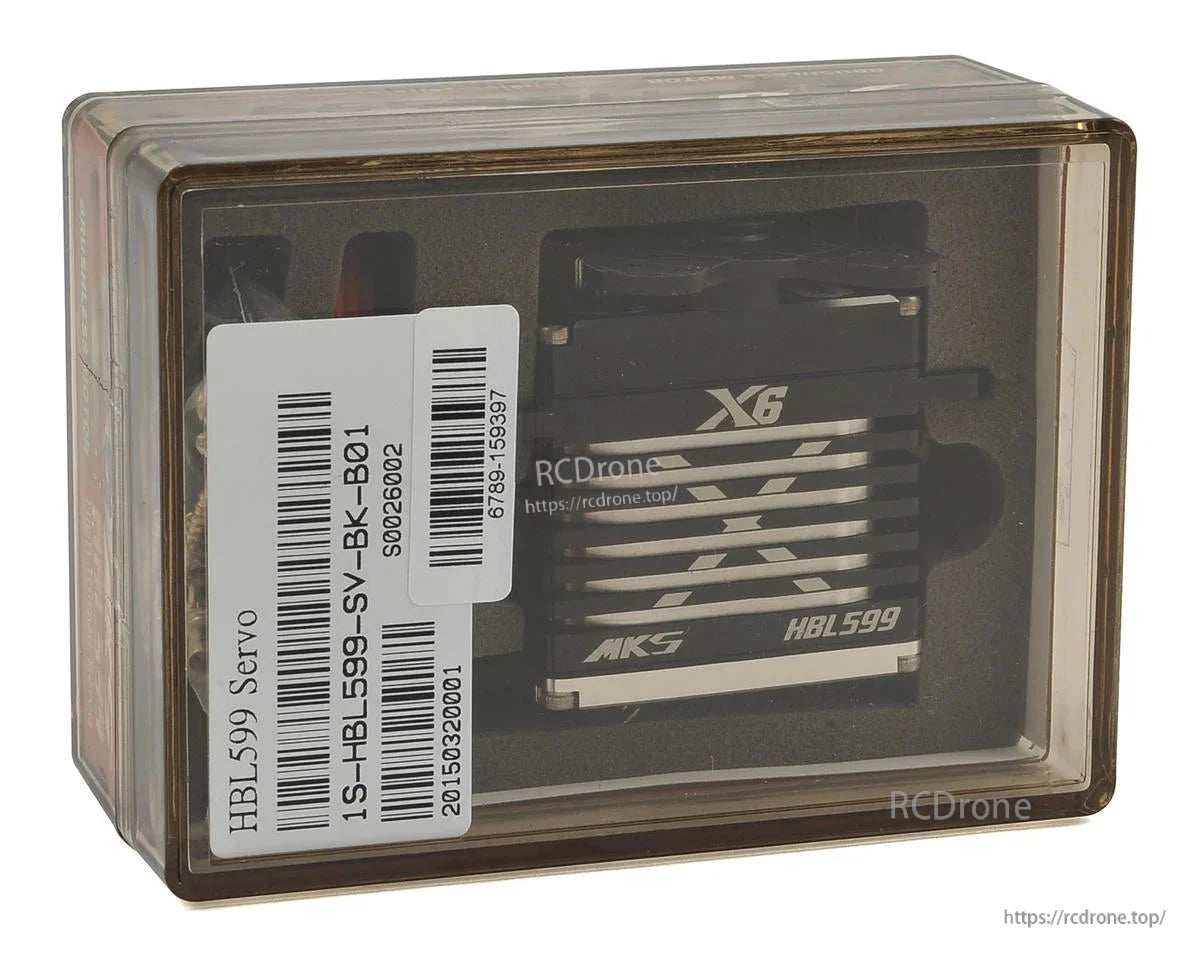 MKS Servo, MKS X6 HBL599 high-voltage brushless titanium gear servo motor in transparent packaging with barcode labels.