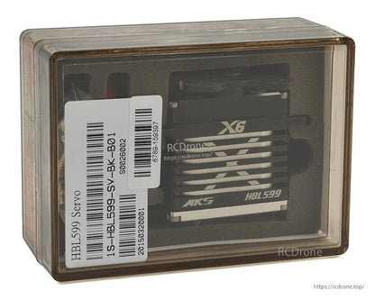 MKS Servo, MKS X6 HBL599 high-voltage brushless titanium gear servo motor in transparent packaging with barcode labels.