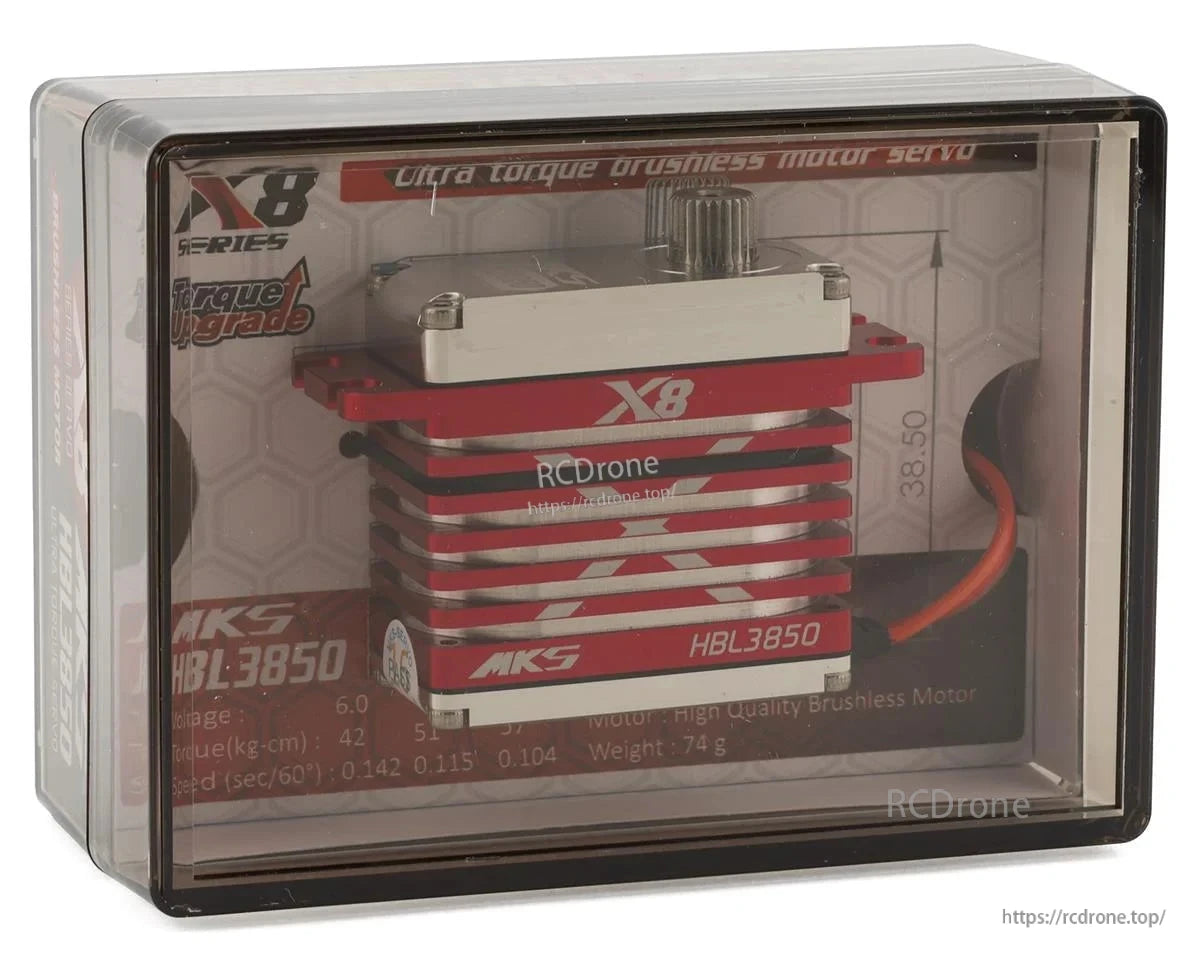 MKS X8 Brushless Servo, MKS X8 HBL3850 brushless servo: 74g, 6V, 42–57 kg-cm torque, 0.104–0.142 sec/60°, red/silver, clear box.