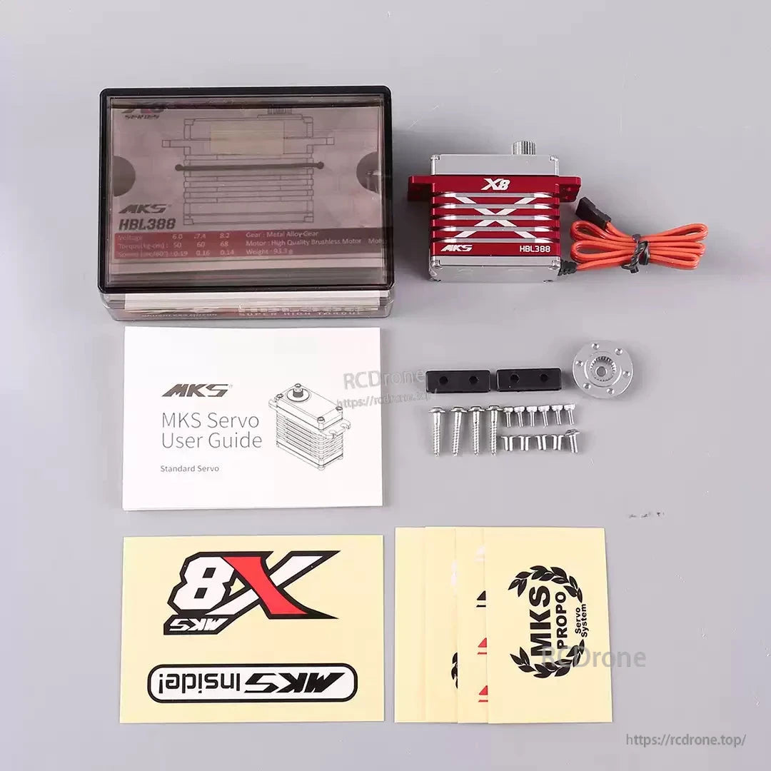 MKS X8 HBL388 high-torque metal-gear servo for precise, durable RC applications; includes accessories and user guide.
