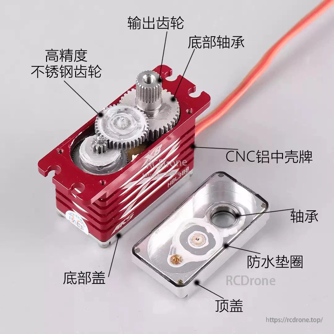 MKS X8 HBL388 Brushless Servo, Red servo with metal gears, CNC aluminum case, waterproof seals, and precision stainless steel components.