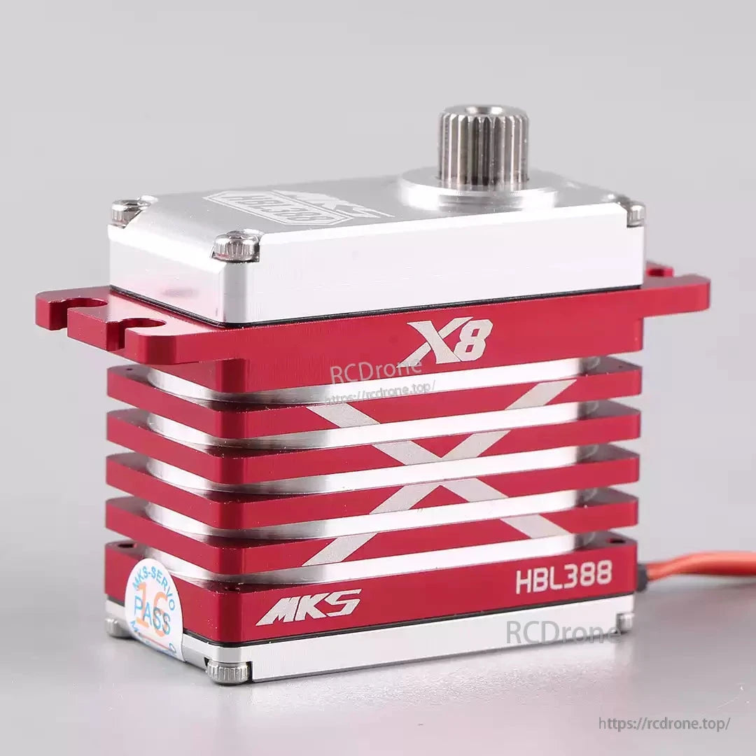 MKS X8 HBL388 high-torque brushless servo with metal gears and red aluminum heatsink.