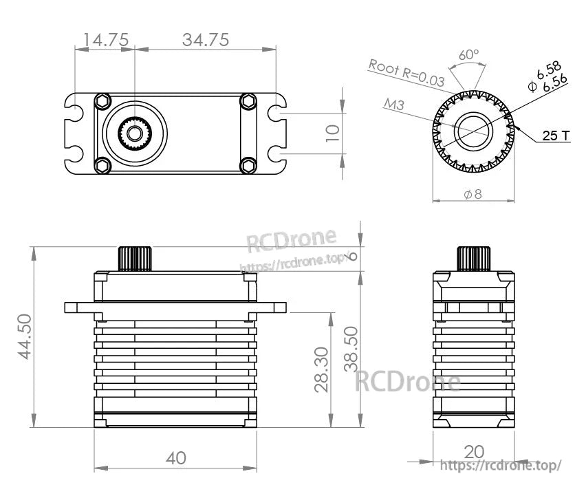 MKS X8 HBL850 x3 + HBL880 x1 Servo, Brushless servo motor pack with metal gear, 25-tooth, 40mm wide, 44.5mm tall, operates at 6.0V–8.4V.