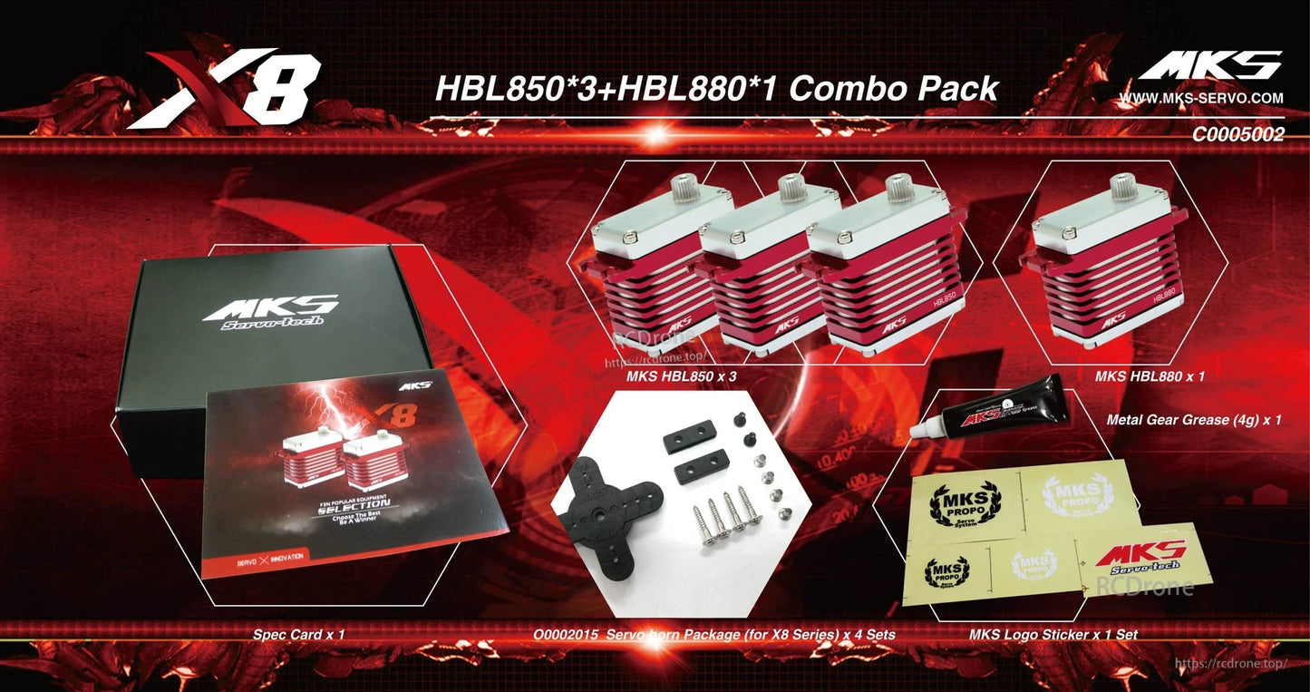 MKS X8 HBL850 x3 + HBL880 x1 Servo, MKS X8 servo motor combo pack features high-performance brushless motors, metal gears, and precise control for drone or robot applications.