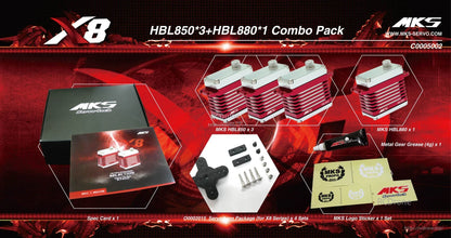 MKS X8 HBL850 x3 + HBL880 x1 Servo, MKS X8 servo motor combo pack features high-performance brushless motors, metal gears, and precise control for drone or robot applications.