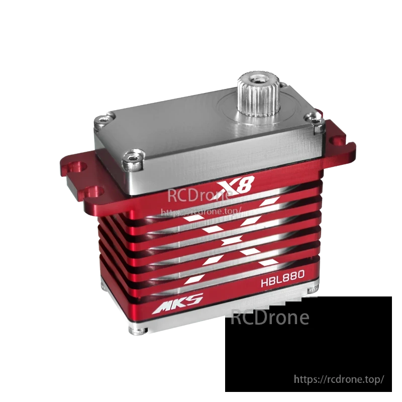 MKS X8 HBL850 x3 + HBL880 x1 Servo, MKS X8 HBL880 brushless servo motor features metal gears, 6.0V–8.4V range, red-silver design, compact size, and heat dissipation fins.