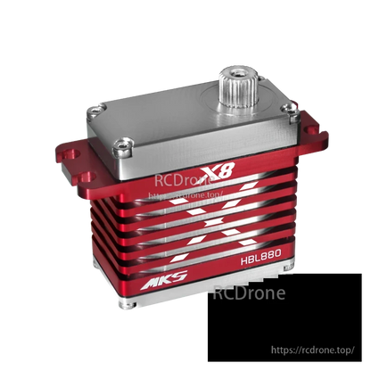 MKS X8 HBL850 x3 + HBL880 x1 Servo, MKS X8 HBL880 brushless servo motor features metal gears, 6.0V–8.4V range, red-silver design, compact size, and heat dissipation fins.