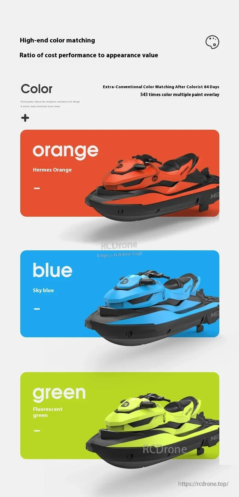 MN MODEL LM13-A Mini Jet Ski RC Boat, Premium color options with excellent value: Hermes Orange, Sky Blue, Fluorescent Green. Unique 84-day, 543-layer paint process for exceptional finish.