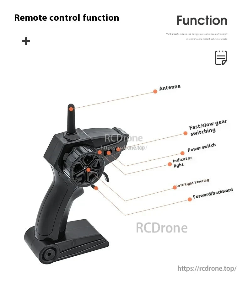 MN MODEL LM13-A Mini Jet Ski RC Boat, The remote control operates an RC boat using antenna, power switch, indicator light, gear switching, steering, and forward/backward controls. (21 words)