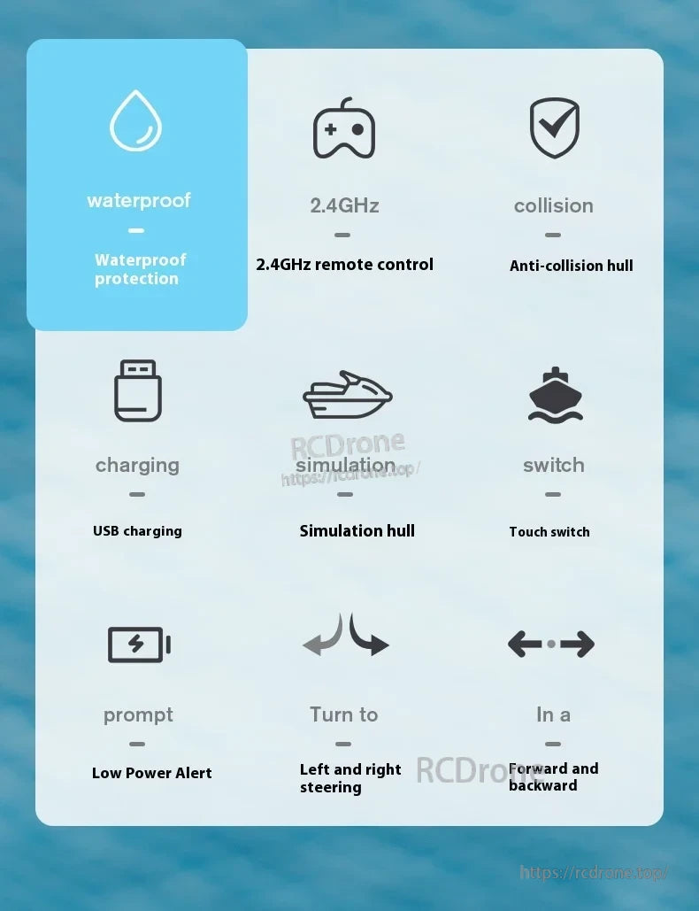 MN MODEL LM13-A Mini Jet Ski RC Boat, Waterproof drone with 2.4GHz remote, USB charging, anti-collision hull, touch switch, low power alert, and left-right, forward-backward control.