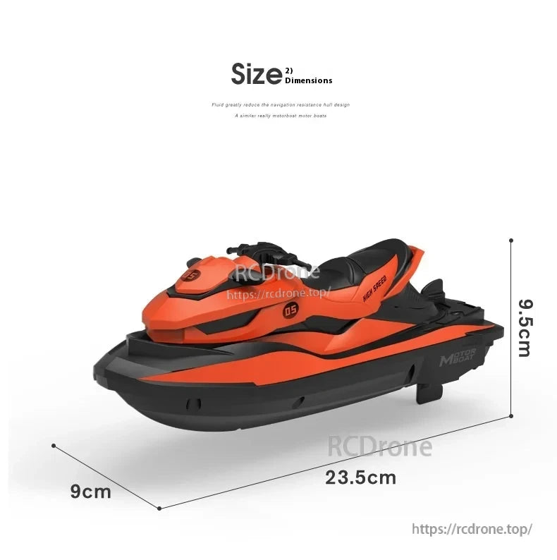 MN MODEL LM13-A Mini Jet Ski RC Boat, Orange and black mini jet ski RC boat, 23.5x9x9.5cm, high-speed motorboat design for fast, fun remote control performance.