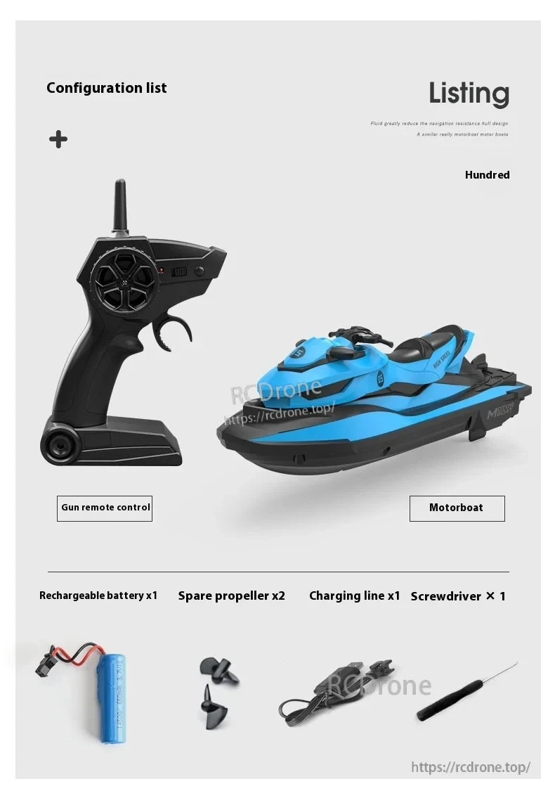 MN MODEL LM13-A Mini Jet Ski RC Boat, Mini Jet Ski RC boat with remote control, rechargeable battery, spare propellers, charging cable, and screwdriver included. Fun, portable water toy for kids and adults.