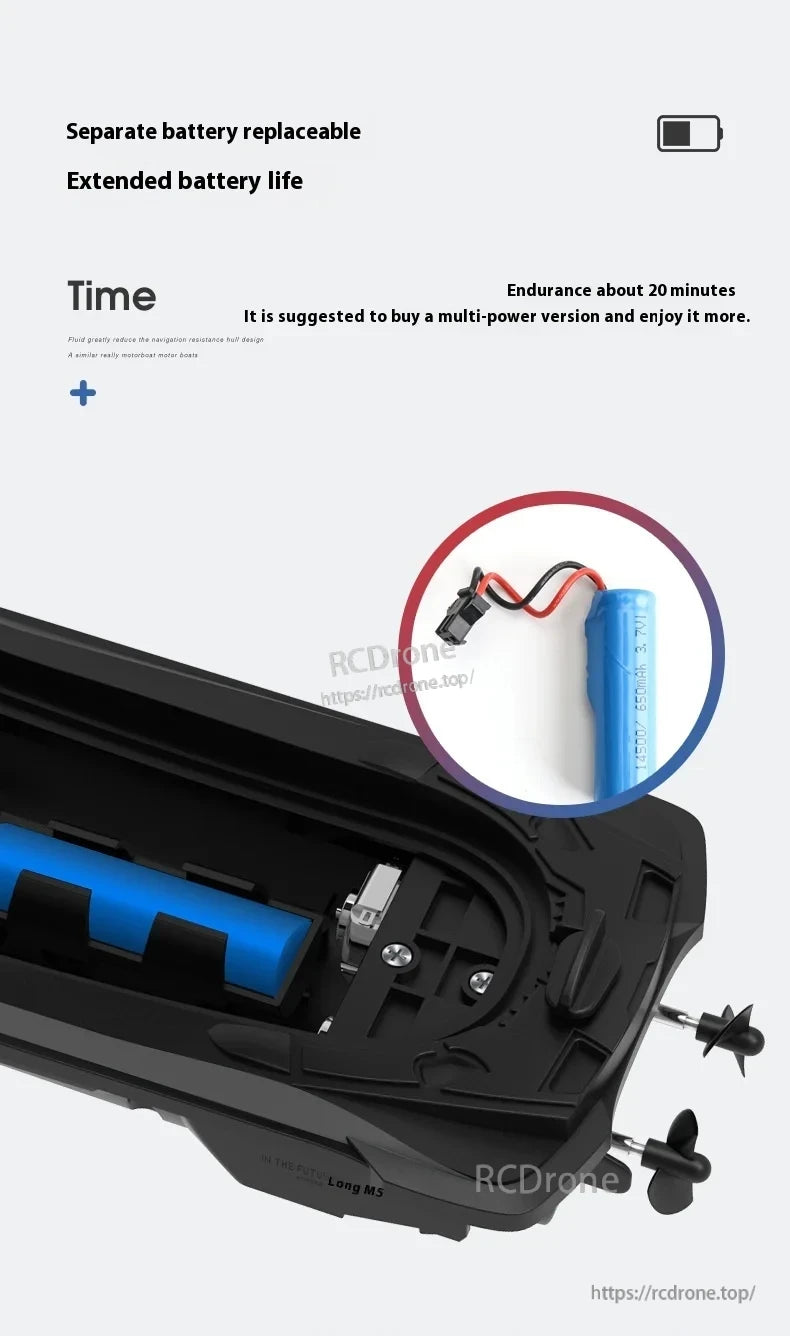 MN MODEL LM13-A Mini Jet Ski RC Boat, Replaceable battery offers 20-minute flight time, extended lifespan; multi-power version advised. Fluid reduces resistance. Long MS model shown.