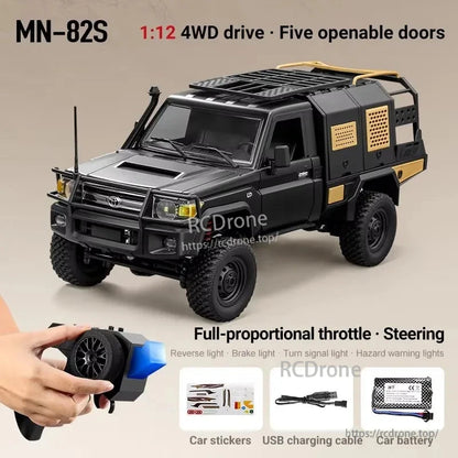 MN-82S 1:12 scale 4WD RC truck features five openable doors, full-proportional control, lights, stickers, USB cable, and battery—all included.