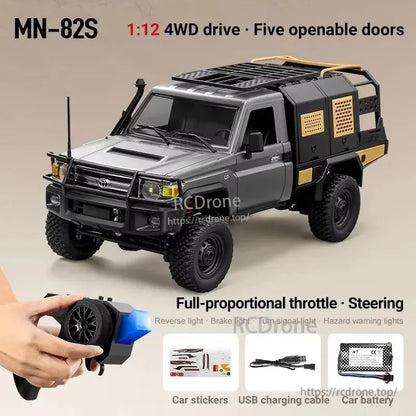 MN-82S 1:12 scale 4WD RC truck features five openable doors, full-proportional controls, reverse, brake, lights, and includes stickers, USB cable, and battery.