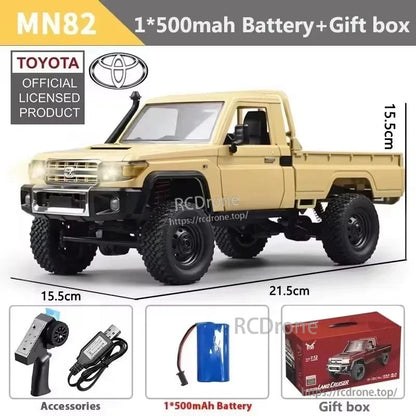 MN82 Toyota 1/12 scale RC truck, 2.4G 4WD with two-speed shifting, proportional control, 500mAh battery, accessories, gift box; size: 21.5x15.5x15.5cm.