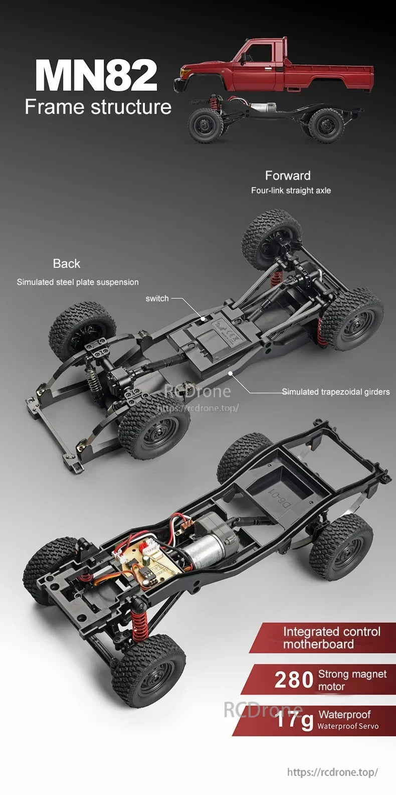 MN82 Pro RC Truck has a unique frame structure.