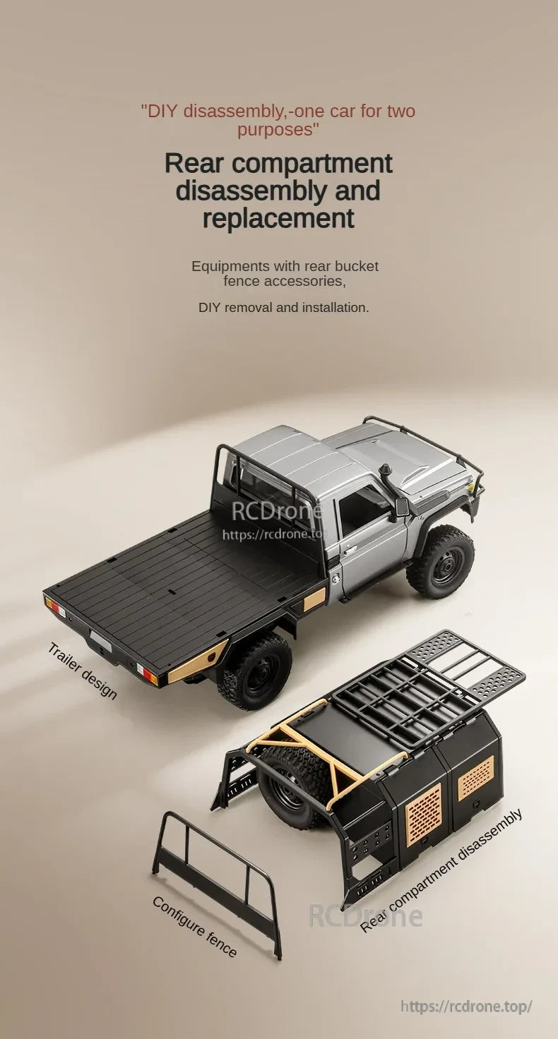 MN82 Pro RC Truck, DIY disassembly allows one vehicle to serve two purposes by replacing the rear compartment with a trailer and configurable fence.