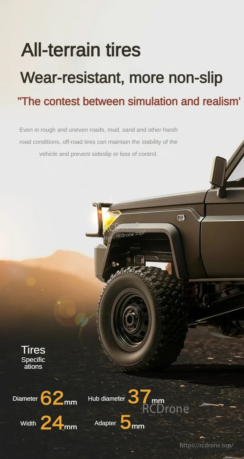 MN82 Pro RC Truck, All-terrain tires: wear-resistant, non-slip, 62mm diameter, 24mm width. Ideal for rough terrain, mud, sand. Ensures stability and control.