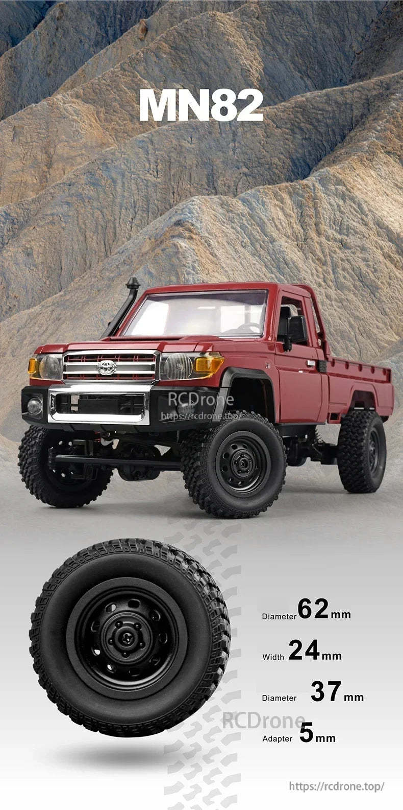 MN82 Pro RC Truck with 62mm diameter tires and 5mm adapter