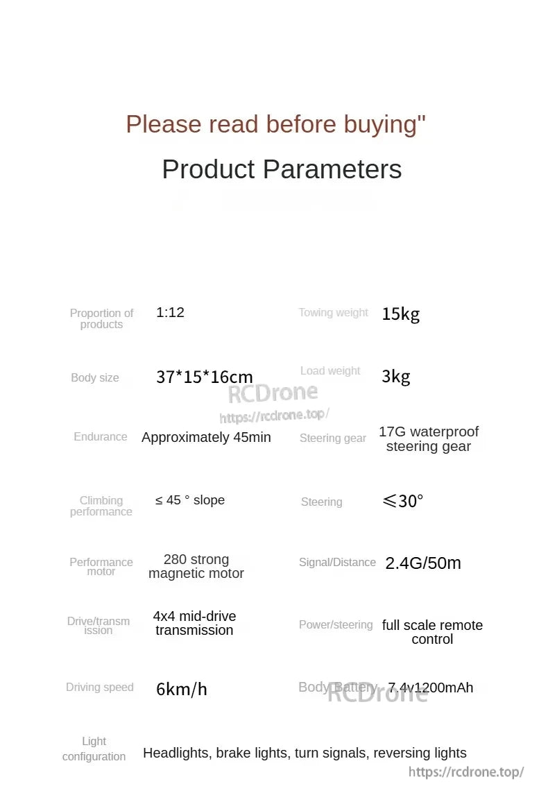 MN82 Pro RC truck: 1:12 scale, 4x4 mid-drive, 280 motor, 7.4V battery, 45min runtime, 6km/h speed, 15kg towing, full remote control, multiple lights.