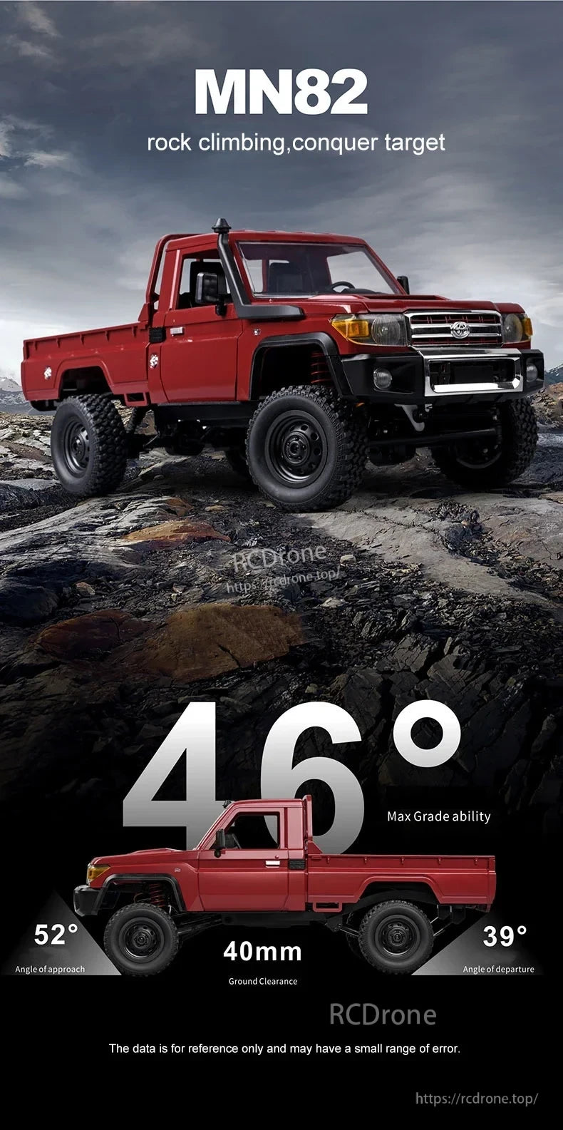 MN82 Pro RC Truck, MN82 RC truck features 46° max grade, 52° approach, 39° departure angles, and 40mm ground clearance for superior off-road performance.