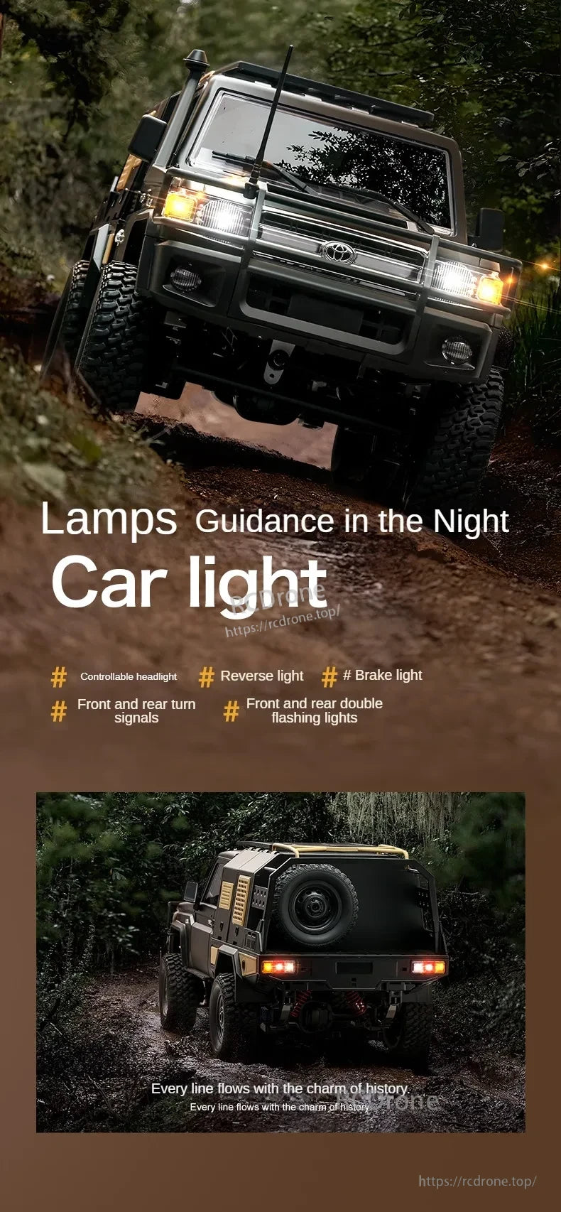 The MN82 Pro RC Truck features controllable headlights, reverse, brake, turn signals, and flashing lights for realistic night driving. (21 words)