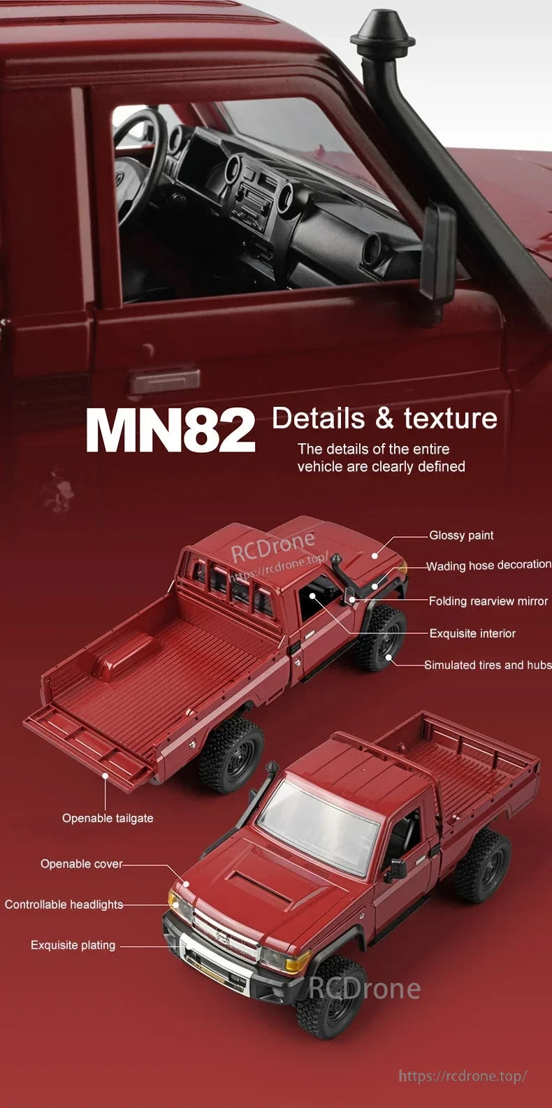 The MN82 Pro RC Truck features glossy paint, folding mirrors, openable tailgate and cover, controllable headlights, detailed interior, and realistic tires. (24 words)