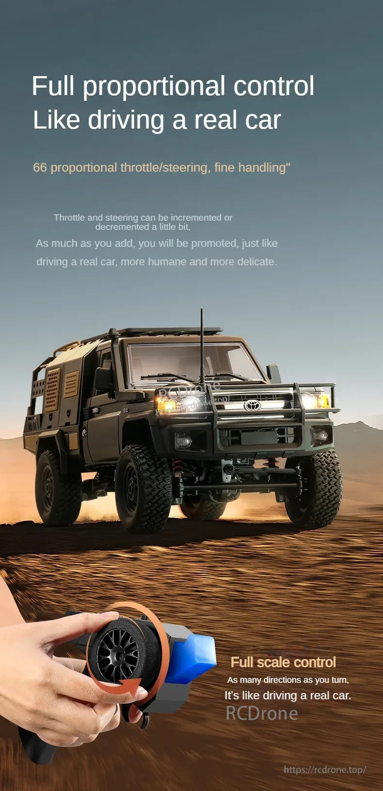MN82 Pro RC Truck, Realistic proportional control with smooth, precise throttle and steering adjustments for lifelike, responsive drone handling.