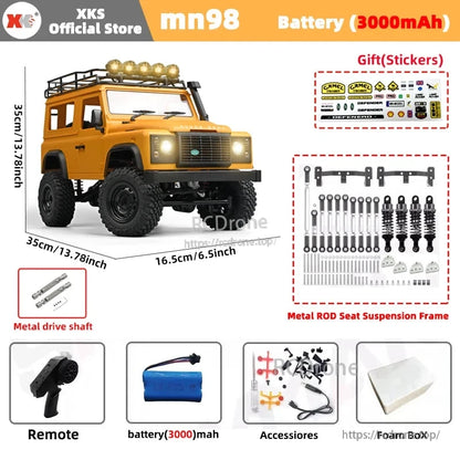 MN99S/MN99/MN98 1:12 RC Car, XKS MN98 1:12 scale 4WD RC rock crawler with 7.4V 3000mAh battery, metal drive shaft, suspension, remote, accessories, foam box, and stickers included.