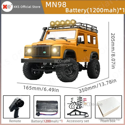 MN99S/MN99/MN98 1:12 RC Car, XKS MN98 1:12 scale RC rock crawler with 4WD, 2.4G remote, 7.4V battery, accessories, and foam box; dimensions: 350x165x205mm.