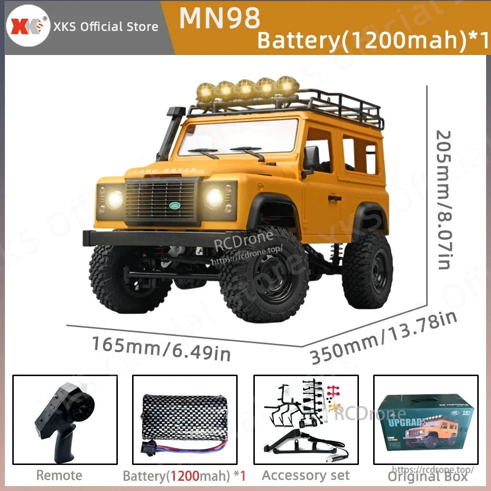 MN99S/MN99/MN98 1:12 RC Car, XKS MN98 1:12 scale RC rock crawler with 4WD, 2.4G remote, lights, proportional control, 7.4V 280 motor, 1200mAh battery, accessories, and box. Size: 350x165x205mm.
