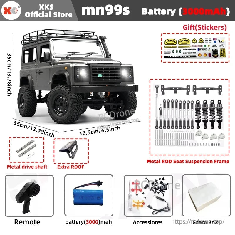 MN99S/MN99/MN98 1:12 RC Car with 2.4G 4WD, 7.4V power, 280 motor, proportional control, and lights.