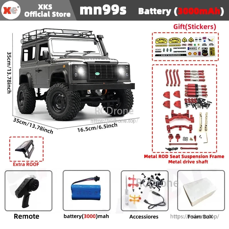 MN99S/MN99/MN98 1:12 RC Car, XKS MN99S 1:12 scale RC rock crawler with 4WD, metal suspension, 7.4V 3000mAh battery, remote, accessories, stickers, extra roof, and foam box included.