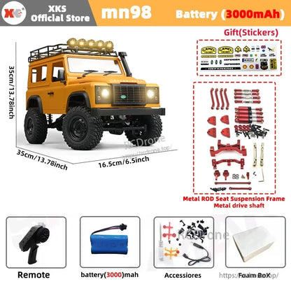 MN99S/MN99/MN98 1:12 RC Car, XKS MN98 1:12 scale 4WD RC rock crawler with 3000mAh battery, metal suspension, remote, accessories, stickers, and foam box included.