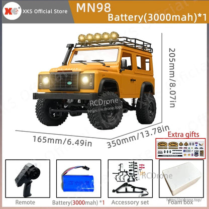 MN99S/MN99/MN98 1:12 RC Car, XKS MN98 1:12 scale RC rock crawler with 4WD, 2.4G remote, 7.4V 3000mAh battery, lights, proportional control, accessories, foam box, extra gifts; dimensions 350x165x205mm.