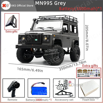 MN99S/MN99/MN98 1:12 RC Car, 1:12 scale RC rock crawler truck (MN99S) in grey, 2.4G 4WD RTR, 7.4V 280 motor, working lights, Land Rover Defender style, includes battery, remote, accessories, and gifts. Official XKS Store product.