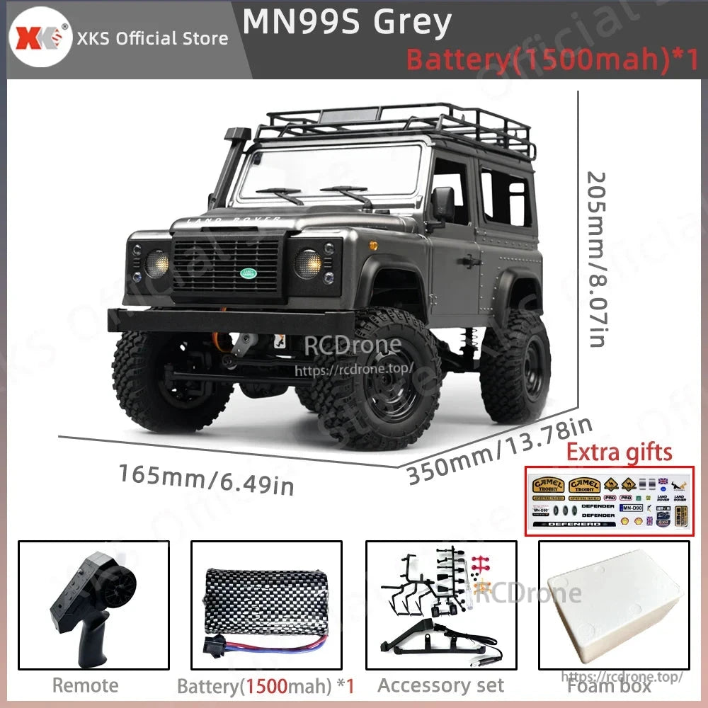 MN99S/MN99/MN98 1:12 RC Car, MN99S Grey 1:12 scale RC truck with 4WD, 2.4G control, lights, battery, remote, accessories, and gifts. Dimensions: 350x165x205mm.