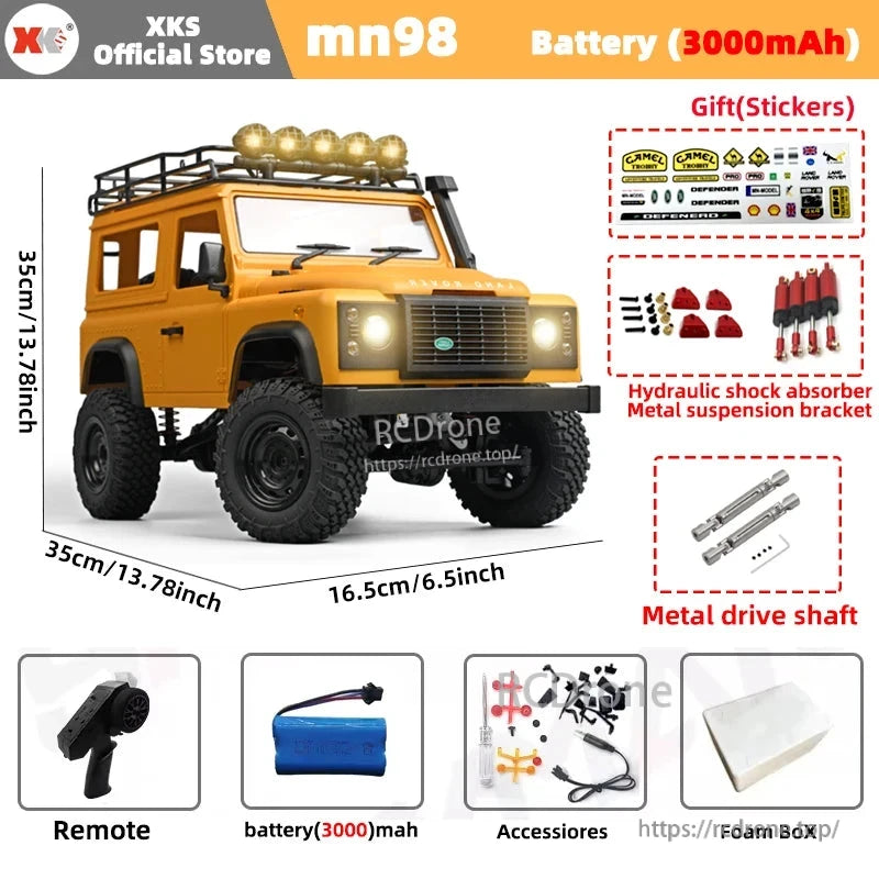 MN99S/MN99/MN98 1:12 RC Car, XKS MN98 1:12 scale RC rock crawler with 2.4G 4WD, 7.4V 3000mAh battery, lights, metal parts, and proportional control—includes remote, stickers, foam box; size: 35x16.5cm.