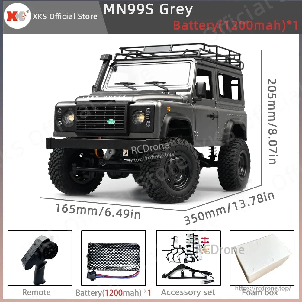 MN99S/MN99/MN98 1:12 RC Car, MN99S Grey RC Defender Truck: 1:12 scale, 4WD, 2.4G remote, 7.4V 280 motor, lights, proportional control, 1200mAh battery, accessories, foam box. Size: 350x165x205mm.
