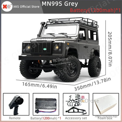 MN99S/MN99/MN98 1:12 RC Car, MN99S Grey RC Defender Truck: 1:12 scale, 4WD, 2.4G remote, 7.4V 280 motor, lights, proportional control, 1200mAh battery, accessories, foam box. Size: 350x165x205mm.