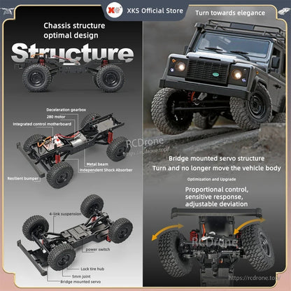 MN99S/MN99/MN98 1:12 RC Car, The XKS MN99S/MN99/MN98 1:12 RC Rock Crawler features a durable chassis, 4-link suspension, precise steering, lights, 4WD, and 7.4V power for high-performance off-road adventures in a compact RTR design.
