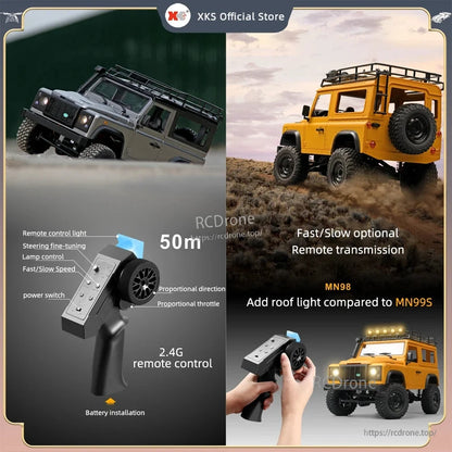 MN99S/MN99/MN98 1:12 RC Car, XKS MN98/MN99S 1:12 scale RC rock crawler with 4WD, 2.4G remote, 7.4V battery, 280 motor, lights, 50m range, and proportional speed control.