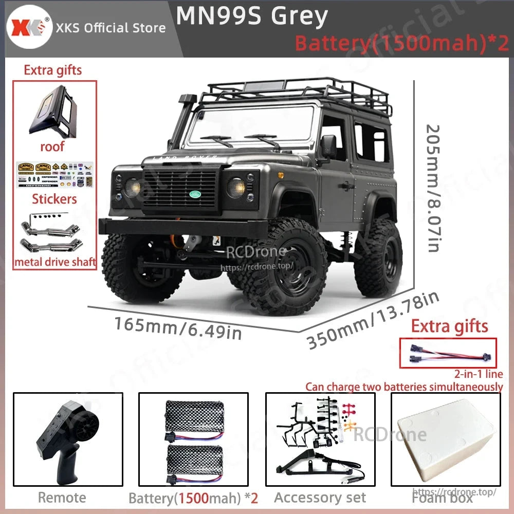 MN99S/MN99/MN98 1:12 RC Car, A rugged rock crawler defender truck with powerful motor, lights, and 7.4V battery, suitable for beginners and experienced enthusiasts.