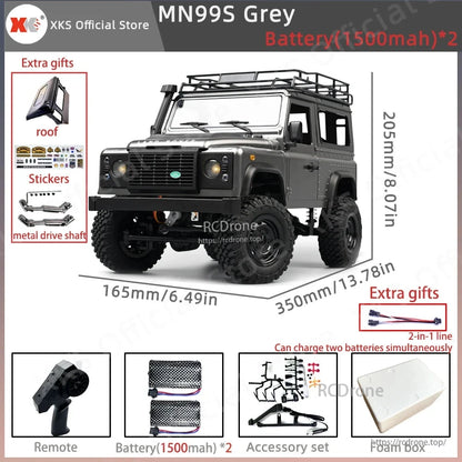 MN99S/MN99/MN98 1:12 RC Car, A rugged rock crawler defender truck with powerful motor, lights, and 7.4V battery, suitable for beginners and experienced enthusiasts.