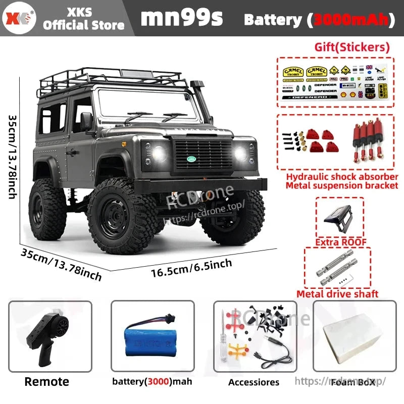 MN99S/MN99/MN98 1:12 RC Car, XKS MN99S 1:12 RC Rock Crawler: 2.4G 4WD, 7.4V, lights, proportional control, metal parts, 35cm size, includes battery, remote, accessories, and gifts—ready-to-run for off-road adventures.