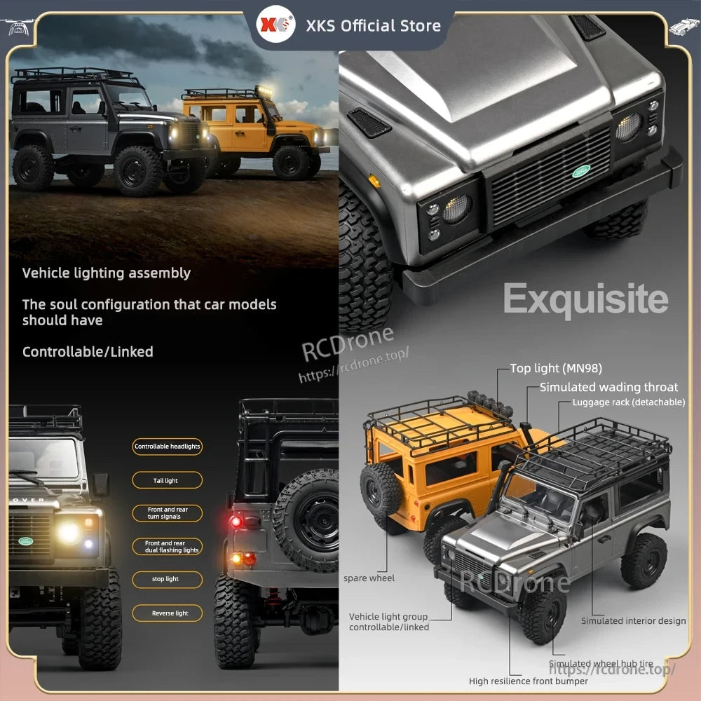 MN99S/MN99/MN98 1:12 RC Car, 1:12 RC car features controllable lights, simulated interior, detachable rack, resilient bumper, top light, wading throat, and dual flashing lights for realism and functionality.