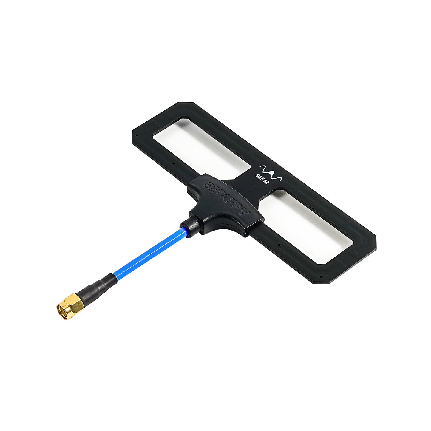 Directional Moxon antenna marked 915M, black panel with blue coax lead and gold connector