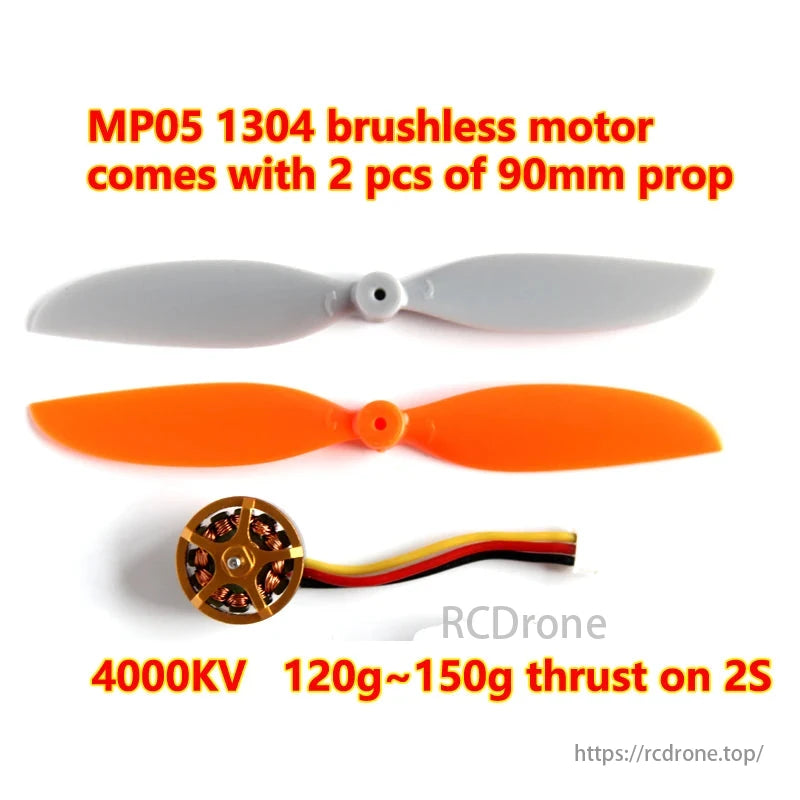 MP05 brushless motor, MP05 1304 brushless motor includes 2pcs 90mm propellers, features 4000KV, providing 120g-150g thrust on 2S.